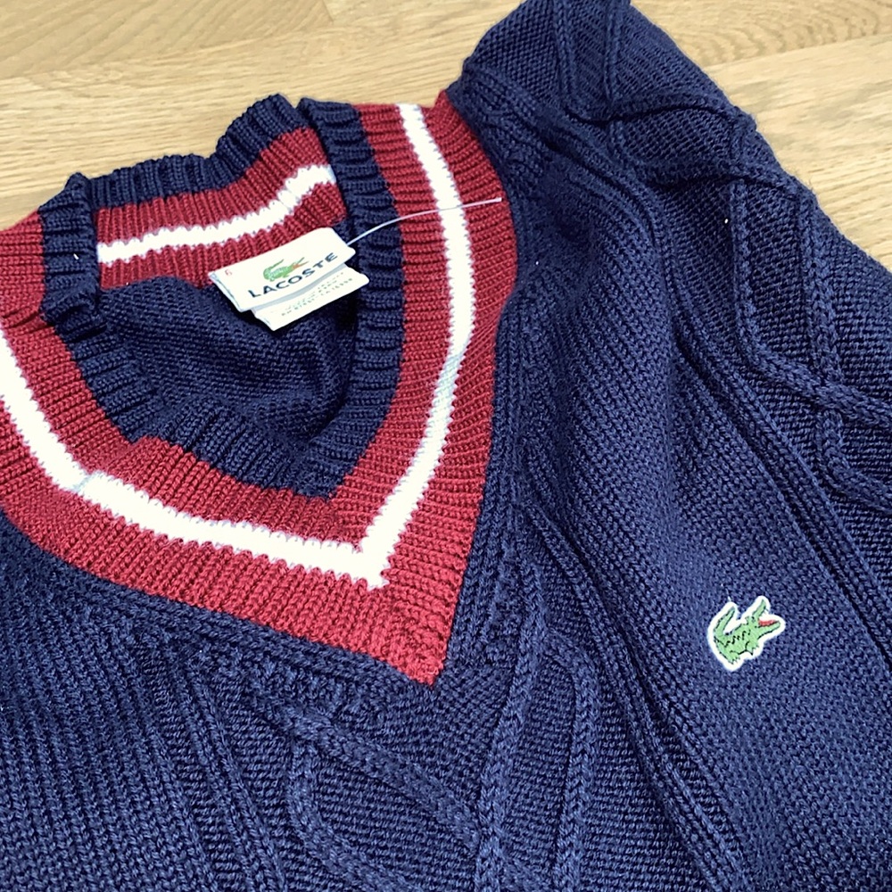Lacoste XL Men's Dark Navy V-neck Tennis sweater Chunky cable knit Preppy Retro